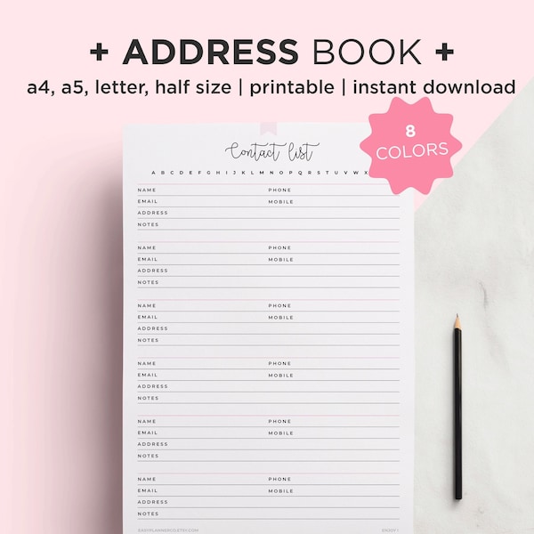 Address Book Printable, Half Letter A4 A5 Planner Inserts