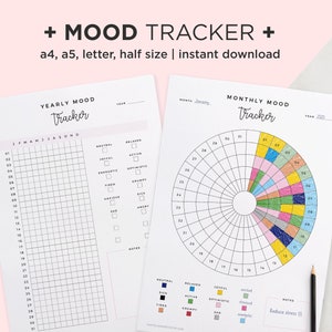 Könnte beinhalten: Druckbarer Stimmungs-Tracker-Planer mit zwei Seiten. Die erste Seite ist ein jährlicher Stimmungs-Tracker mit einem Raster für jeden Tag des Jahres und einer Liste von Stimmungen, die man abhaken kann. Die zweite Seite ist ein monatlicher Stimmungs-Tracker mit einem Kreisdiagramm, um die Stimmung für jeden Tag des Monats zu verfolgen.