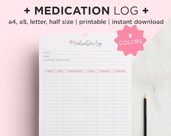 Printable Medication Tracker, Medication Log Half Letter A4 A5 Inserts
