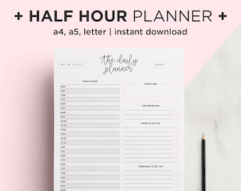 Daily Planner Printable Half Hour, Printable To Do List, Daily Planner PDF, Daily Goal Planner, Half Hour Planner, Half Hour Increments