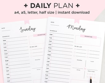 Planificateur quotidien de 7 jours PDF Demi-feuille A5 A4 Letter Planner Insert
