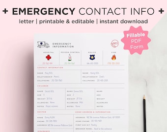 Contactgegevens voor noodgevallen, in geval van nood afdrukbaar, oppasinformatieblad, contactformulier voor noodgevallen, contactgegevens voor nanny