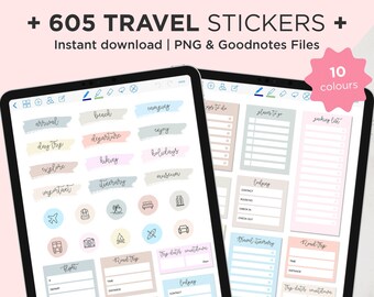 Adesivos digitais de viagem para planejador GoodNotes, livro de adesivos GoodNotes de férias, adesivos pré-cortados de planejamento de viagem