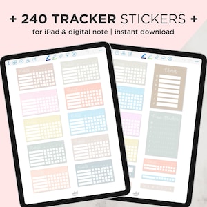 May include: A digital tablet screen displaying 240 tracker stickers for iPad and digital note. The stickers are in various pastel colors and include habit trackers, chore lists, and rain trackers. The text "240 PNG FILES" and "Transparent background" is displayed below the tablet.