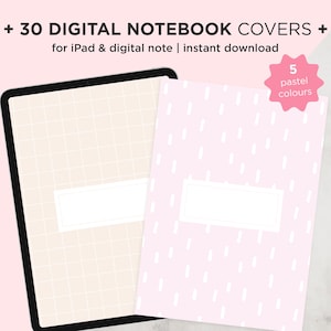 May include: A digital notebook cover design with a grid pattern and a white rectangle for a title. The second design has a pink background with white dashes and a white rectangle for a title. The text on the image reads "30 DIGITAL NOTEBOOK COVERS + for iPad & digital note | instant download 5 pastel colours PDF & PNG FILES Transparent background".