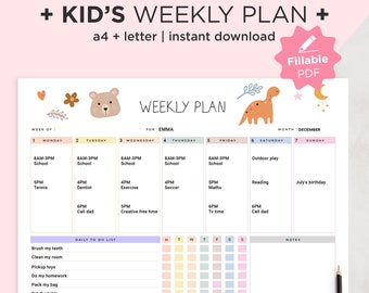 Editable Kids Weekly Planner, Kids Weekly Chores, Kids Printable Planner, Kids Routine Chart, Kids Schedule Editable PDF