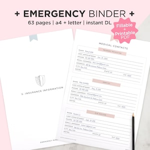 Noodbinder invulbaar, in geval van nood afdrukbaar, medische binder, noodplanner, familie afdrukbaar, noodorganisator