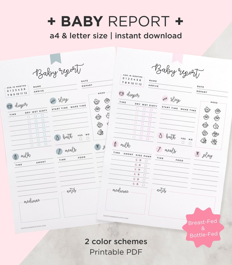 May include: Printable baby report tracker in a light blue and pink colour scheme. The tracker includes sections for nappy changes, sleep, bath, milk, meals, medicine, and notes. The text "Baby report" is at the top of the page.
