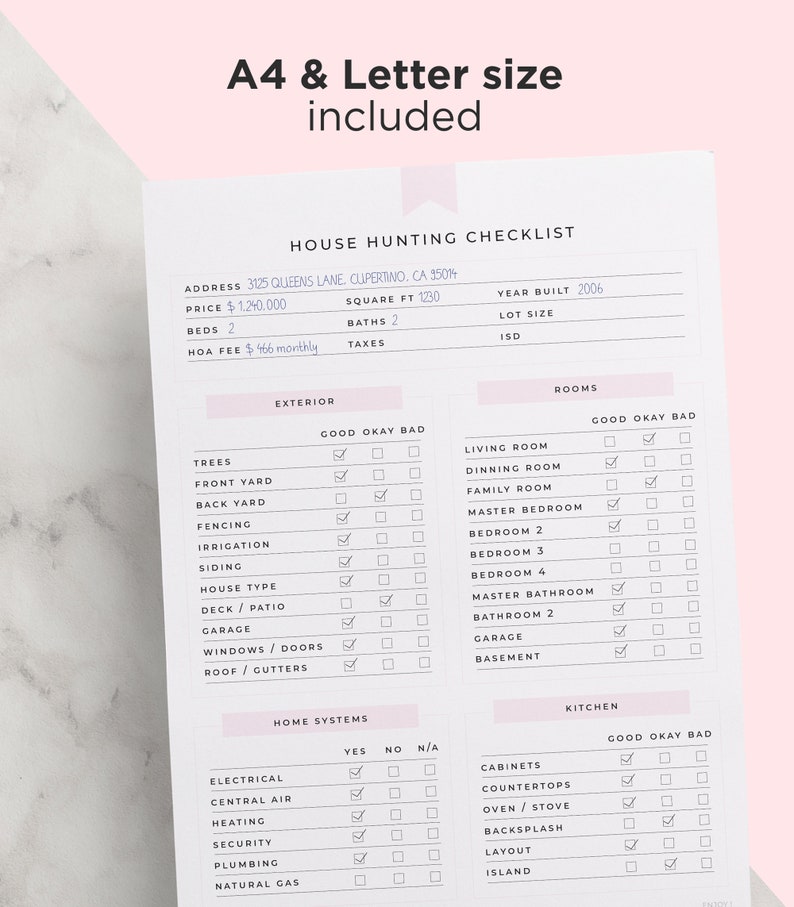 K&ouml;nnte beinhalten: Eine Haussuchliste mit wei&szlig;em Hintergrund und schwarzem Text. Die Checkliste umfasst Abschnitte f&uuml;r Au&szlig;enbereich, Zimmer, Haustechnik und K&uuml;che. Jeder Abschnitt enth&auml;lt eine Liste von Punkten, die zu &uuml;berpr&uuml;fen sind, mit Kontrollk&auml;stchen f&uuml;r gut, okay und schlecht.