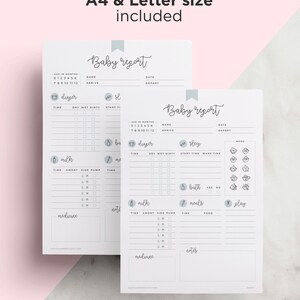 May include: Printable baby report tracker with sections for nappy changes, feeding, sleep, bath, meals, and play. The tracker includes a space for notes and medicine. The tracker is available in A4 and letter size.