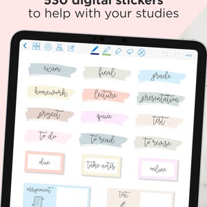 May include: A digital sticker set with 530 colorful stickers for students. The stickers feature words like "exam", "final", "grade", "homework", "lecture", "presentation", "project", "quiz", "test", "to do", "to read", "to revise", "due", "take notes", "online", and "assignment".