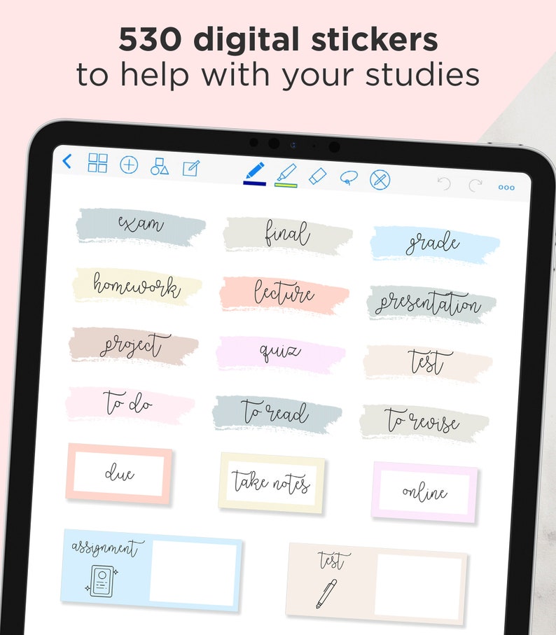 May include: A digital sticker set with 530 colorful stickers for students. The stickers feature words like "exam", "final", "grade", "homework", "lecture", "presentation", "project", "quiz", "test", "to do", "to read", "to revise", "due", "take notes", "online", and "assignment".