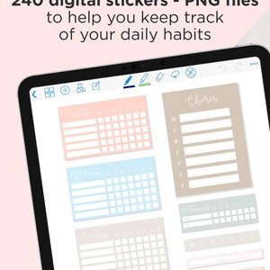 May include: A digital planner with stickers for tracking daily habits. The planner includes sections for habits, afternoon, evening, chores, vitamins, and weather. The stickers are in pastel colors and have a simple design.