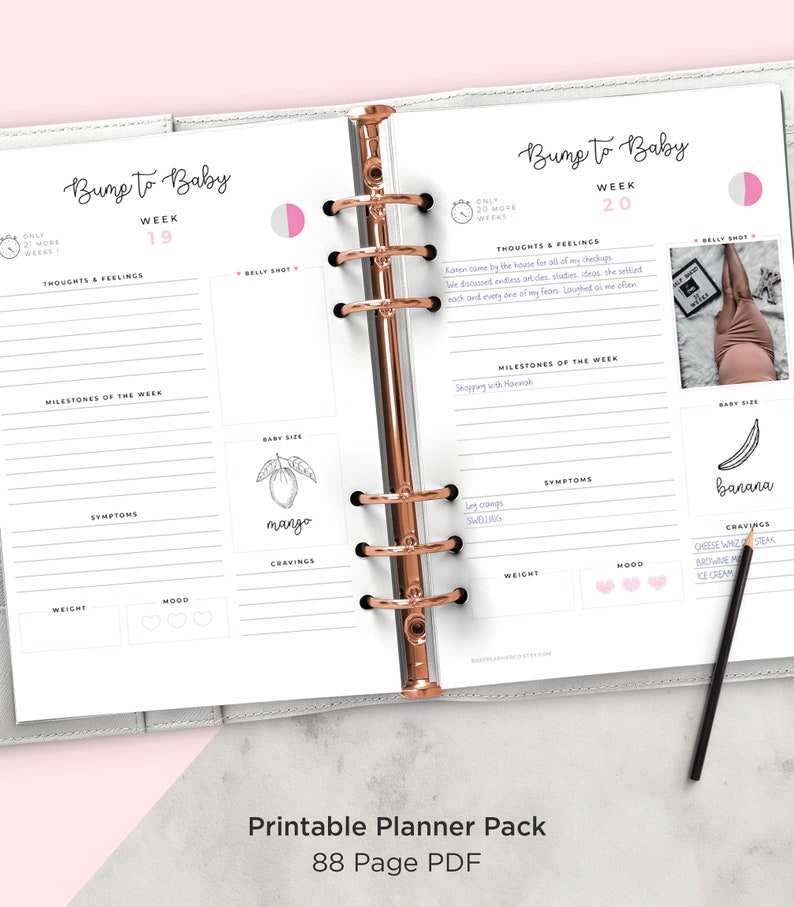 Op de afbeelding: Een printbare zwangerschapsplanner met een witte achtergrond en roze accenten. De planner is verdeeld in twee secties, een voor week 19 en een voor week 20. Elke sectie bevat ruimte voor gedachten en gevoelens, mijlpalen van de week, symptomen, gewicht, stemming en verlangens. De planner bevat ook een ruimte voor een buikfoto en een tekening van een vrucht die de grootte van de baby voorstelt.