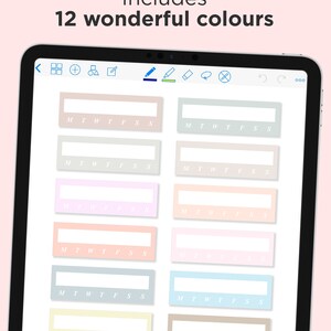 May include: A digital tablet screen displaying 12 different colored weekly planner boxes. Each box has the days of the week abbreviated as M, T, W, T, F, S, S. The text "Includes 12 wonderful colours" is at the top of the screen.