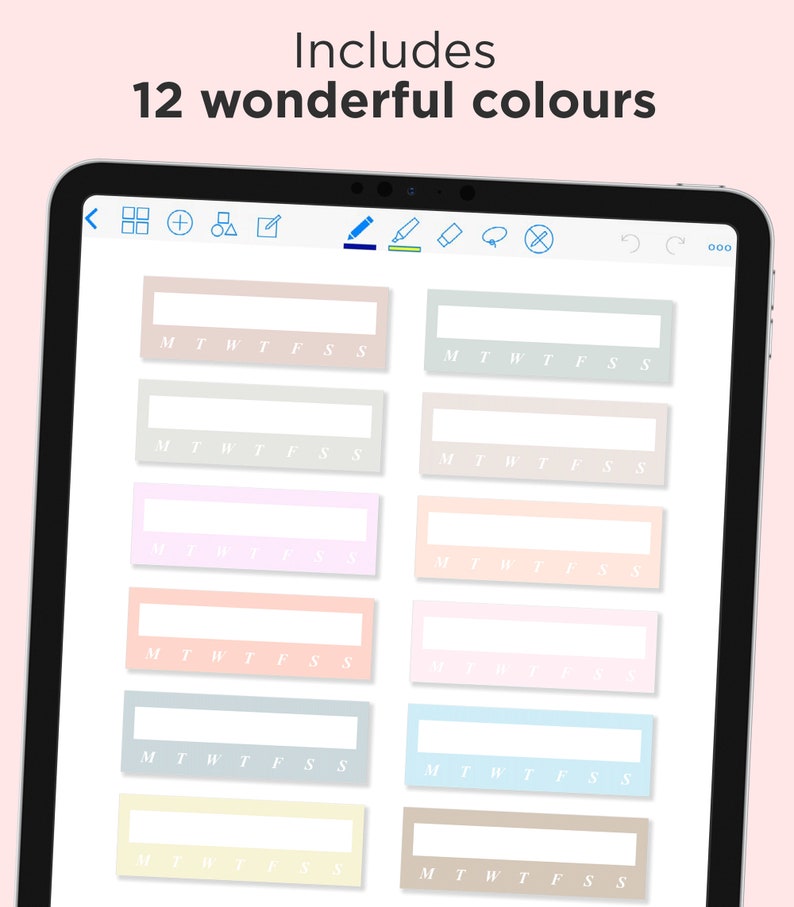 May include: A digital tablet screen displaying 12 different colored weekly planner boxes. Each box has the days of the week abbreviated as M, T, W, T, F, S, S. The text "Includes 12 wonderful colours" is at the top of the screen.