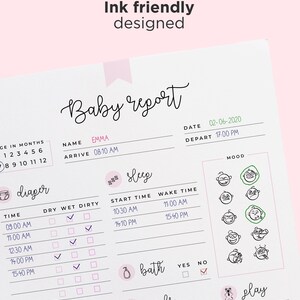 May include: A printable baby report tracker with sections for nappy changes, sleep, bath, meals, mood, and play. The tracker includes checkboxes, time slots, and space for notes. The report is designed for a baby named Emma.