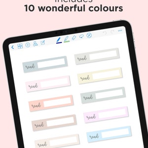May include: A digital tablet screen displaying ten rectangular boxes with the word "read" written in cursive on each box. The boxes are in different pastel colors, including light blue, light pink, light green, and light yellow.