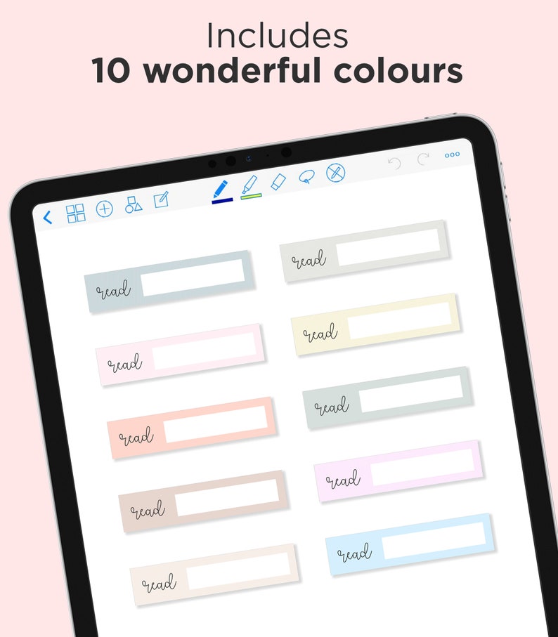 May include: A digital tablet screen displaying ten rectangular boxes with the word "read" written in cursive on each box. The boxes are in different pastel colors, including light blue, light pink, light green, and light yellow.