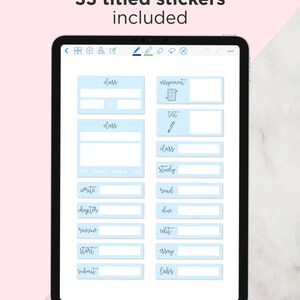 May include: A digital tablet screen displaying 33 blue and white stickers with various titles, including "class", "assignment", "test", "study", "write", "read", "chapter", "due", "review", "edit", "start", "essay", "submit", and "labs".