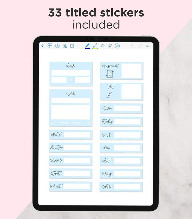 May include: A digital tablet screen displaying 33 blue and white stickers with various titles, including "class", "assignment", "test", "study", "write", "read", "chapter", "due", "review", "edit", "start", "essay", "submit", and "labs".