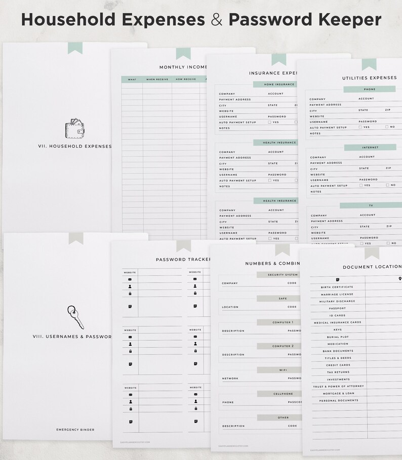 May include: A printable worksheet for tracking household expenses and passwords. The worksheet is divided into sections for monthly income, insurance expenses, utilities expenses, household expenses, usernames and passwords, and document location. The worksheet is designed to help users organize their finances and keep track of important information.