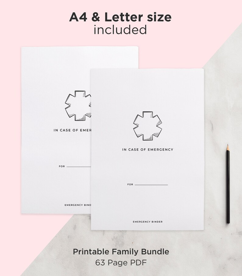 May include: Printable family emergency binder with a star of life symbol and the text "IN CASE OF EMERGENCY" and "FOR". The binder is available in A4 and Letter sizes and includes 63 pages.