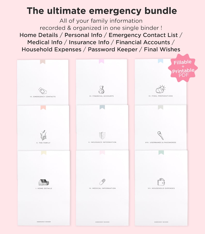 May include: A printable PDF bundle of emergency information forms. The forms are organized into sections, including home details, personal information, emergency contacts, medical information, insurance information, financial accounts, household expenses, usernames and passwords, and final preparations. The forms are designed to be filled out and kept in a binder.