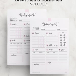 May include: Two printable baby report sheets with pink accents. The sheets include sections for tracking nappy changes, sleep, milk feeds, baths, meals, medicine, notes, and play. The sheets are designed for tracking a baby's daily activities.