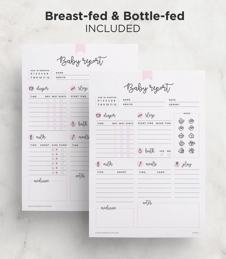 May include: Two printable baby report sheets with pink accents. The sheets include sections for tracking nappy changes, sleep, milk feeds, baths, meals, medicine, notes, and play. The sheets are designed for tracking a baby's daily activities.