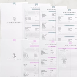 May include: A printable checklist for organizing insurance and financial information. The checklist includes sections for health, home, life, long-term disability, personal property, homeowner's rental, bank information, credit cards, and assets to consider. The checklist is designed to help people keep track of their important financial information.