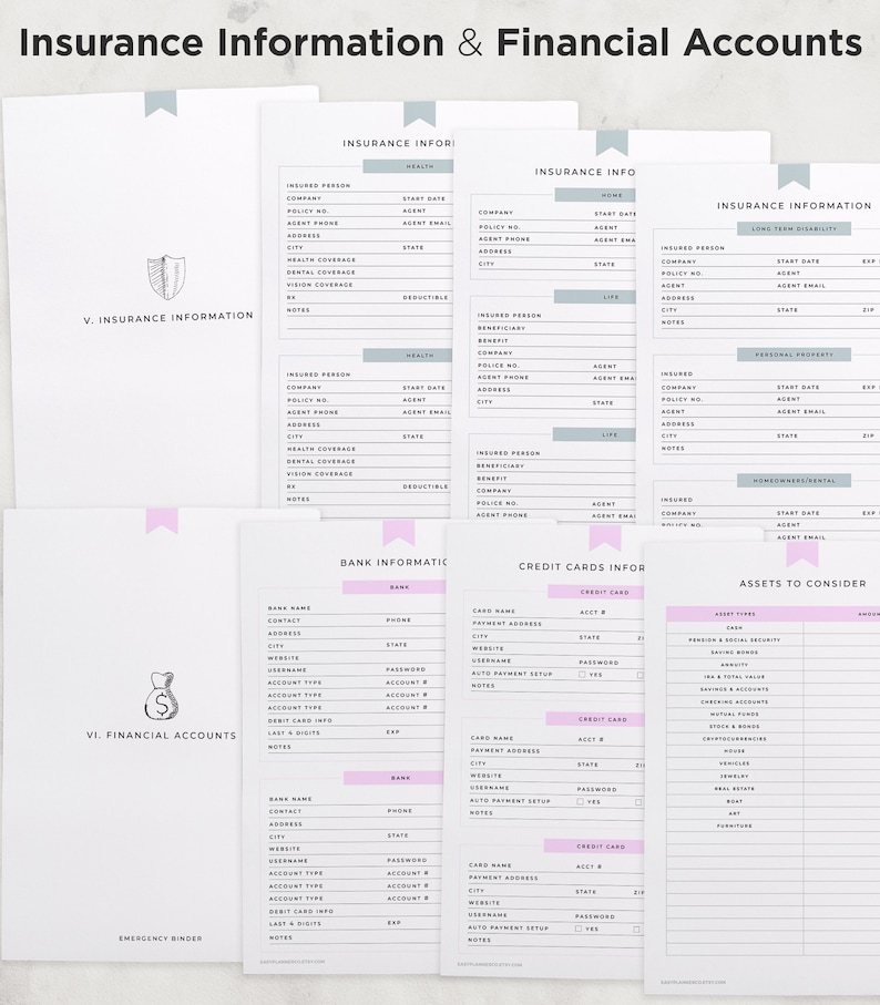 May include: A printable checklist for organizing insurance and financial information. The checklist includes sections for health, home, life, long-term disability, personal property, homeowner's rental, bank information, credit cards, and assets to consider. The checklist is designed to help people keep track of their important financial information.