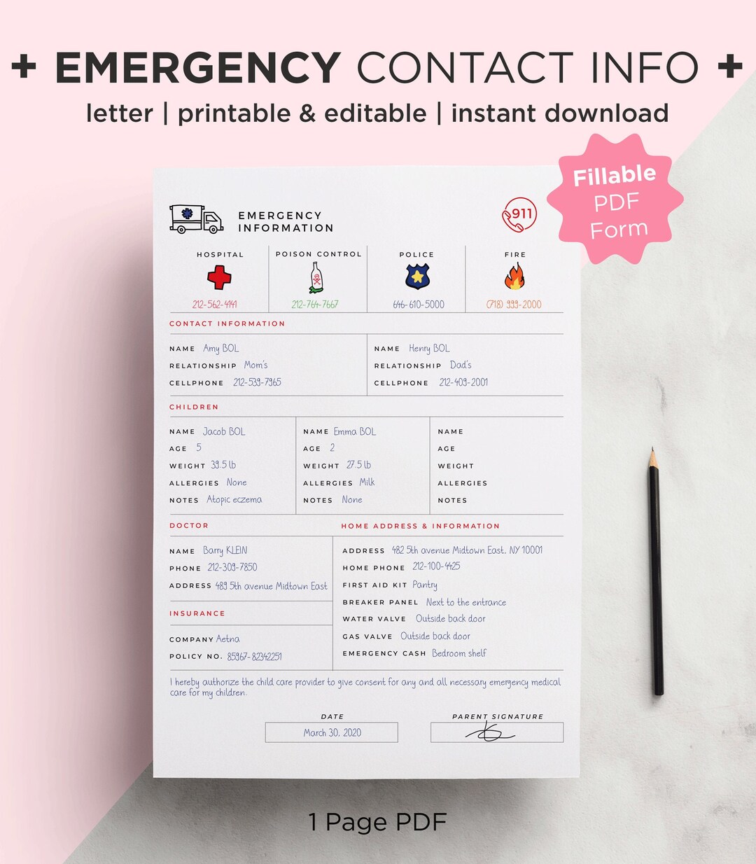 Emergency Contact Info, in Case of Emergency Printable, Babysitter