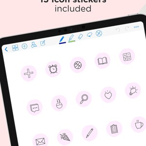 May include: A digital tablet screen displaying 15 different icons in a grid layout. The icons are outlined in black and are set against a light pink background. The icons include a plus sign, an alarm clock, a basketball, a book, a calculator, a chat bubble, a flask, a magnifying glass, a heart, a light bulb, an envelope, a party popper, a pencil, a clipboard, and a coffee cup.