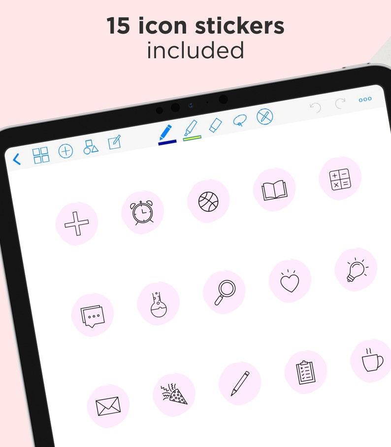 May include: A digital tablet screen displaying 15 different icons in a grid layout. The icons are outlined in black and are set against a light pink background. The icons include a plus sign, an alarm clock, a basketball, a book, a calculator, a chat bubble, a flask, a magnifying glass, a heart, a light bulb, an envelope, a party popper, a pencil, a clipboard, and a coffee cup.