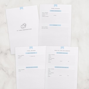 May include: A printable end-of-life planning checklist with sections for final wishes, burial or cremation, notes for family and friends, will and/or living trust, and advanced healthcare directive.