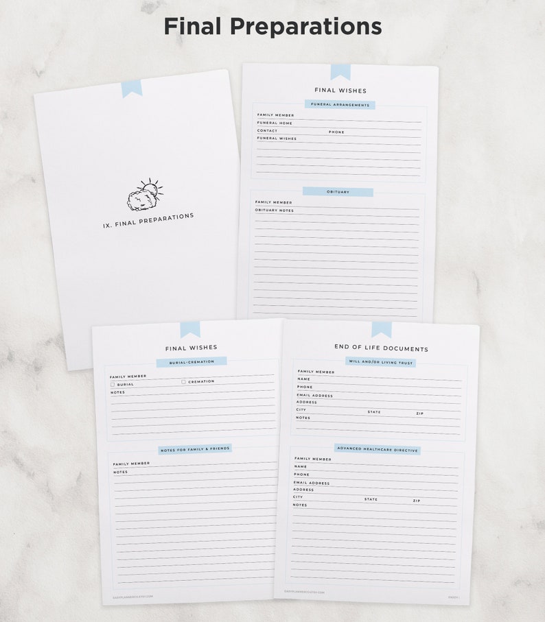 May include: A printable end-of-life planning checklist with sections for final wishes, burial or cremation, notes for family and friends, will and/or living trust, and advanced healthcare directive.
