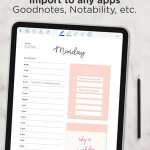 May include: A digital planner on a tablet screen with a pink and white daily schedule template. The schedule includes a section for chores with a list of tasks for the week. The bottom of the screen has a pink sticky note with the text "today is a good day".