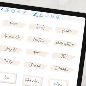 May include: A digital planner with a beige background and black text. The planner includes labels for "exam", "final", "grade", "homework", "lecture", "presentation", "project", "quiz", "test", "to do", "to read", "to revise", "due", "take notes", and "online".