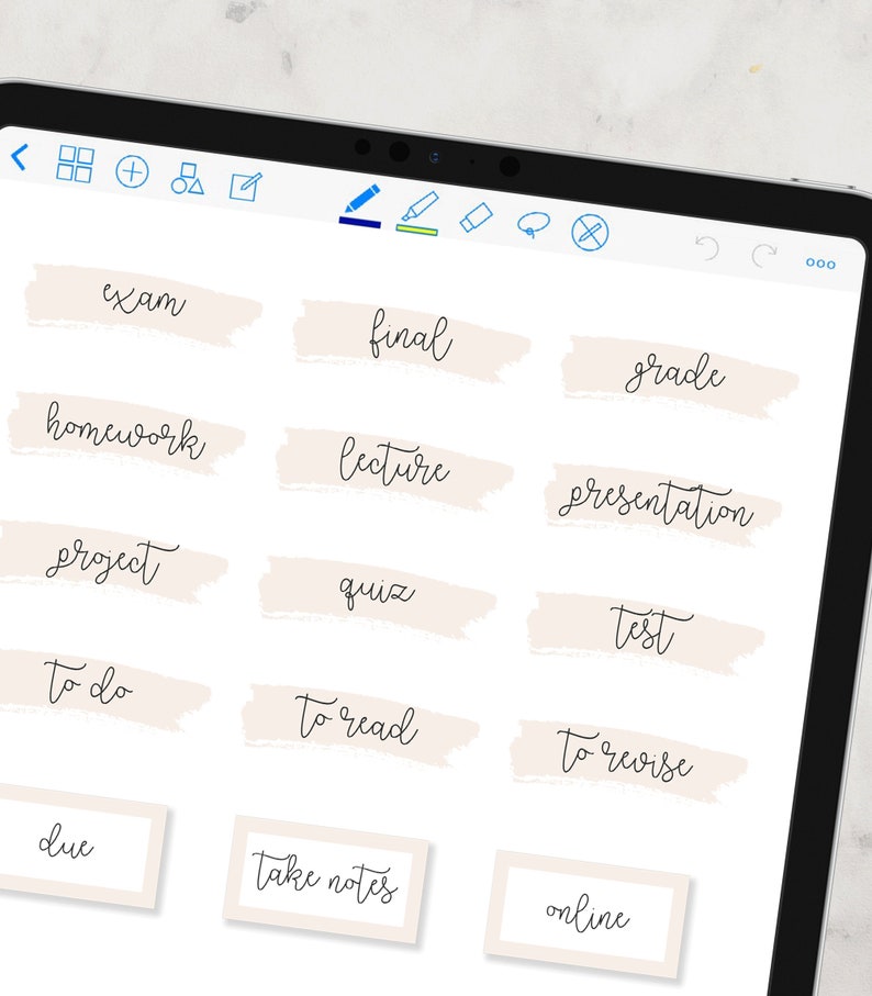 May include: A digital planner with a beige background and black text. The planner includes labels for "exam", "final", "grade", "homework", "lecture", "presentation", "project", "quiz", "test", "to do", "to read", "to revise", "due", "take notes", and "online".