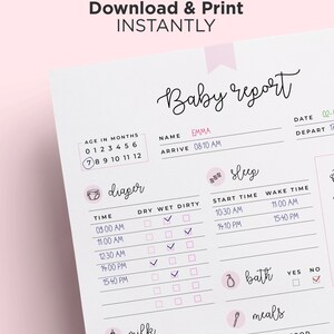 May include: A printable baby report chart with sections for nappy changes, sleep, bath, meals, and milk. The chart is pink and white with a pink and white striped border. The chart is designed to be used to track a baby's progress.