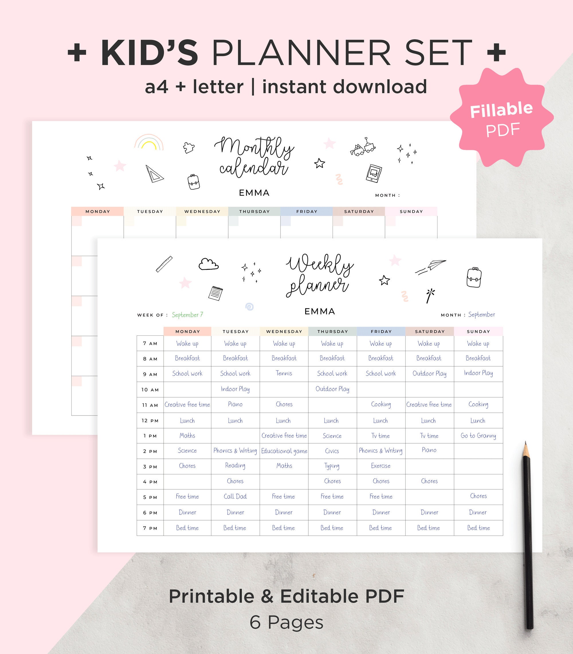 Kids Home School Schedule, Editable Kids Weekly Planner, Family ...