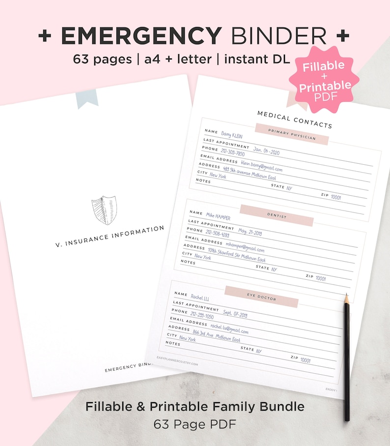 May include: A printable PDF document with a pink background and a white border. The document is titled "Emergency Binder" and includes a section for medical contacts, insurance information, and notes. The document is designed to be filled out with personal information.