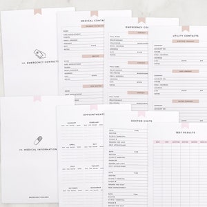 May include: A printable medical and emergency contact information binder. The pages are white with black text and pink accents. The pages include sections for medical contacts, emergency contacts, utility contacts, appointments, doctor visits, and test results.