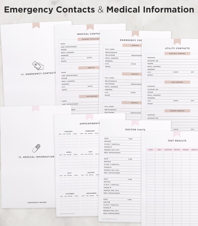 May include: A printable medical and emergency contact information binder. The pages are white with black text and pink accents. The pages include sections for medical contacts, emergency contacts, utility contacts, appointments, doctor visits, and test results.