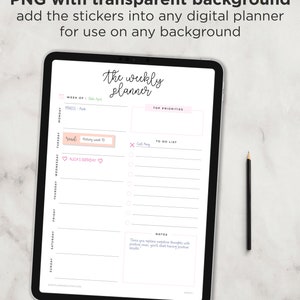 May include: A digital weekly planner on a tablet screen. The planner has a pink and white color scheme and includes sections for "Top Priorities", "To Do List", and "Notes". The planner also includes a section for each day of the week, with space for writing tasks and appointments. The text "the weekly planner" is written in cursive at the top of the screen.