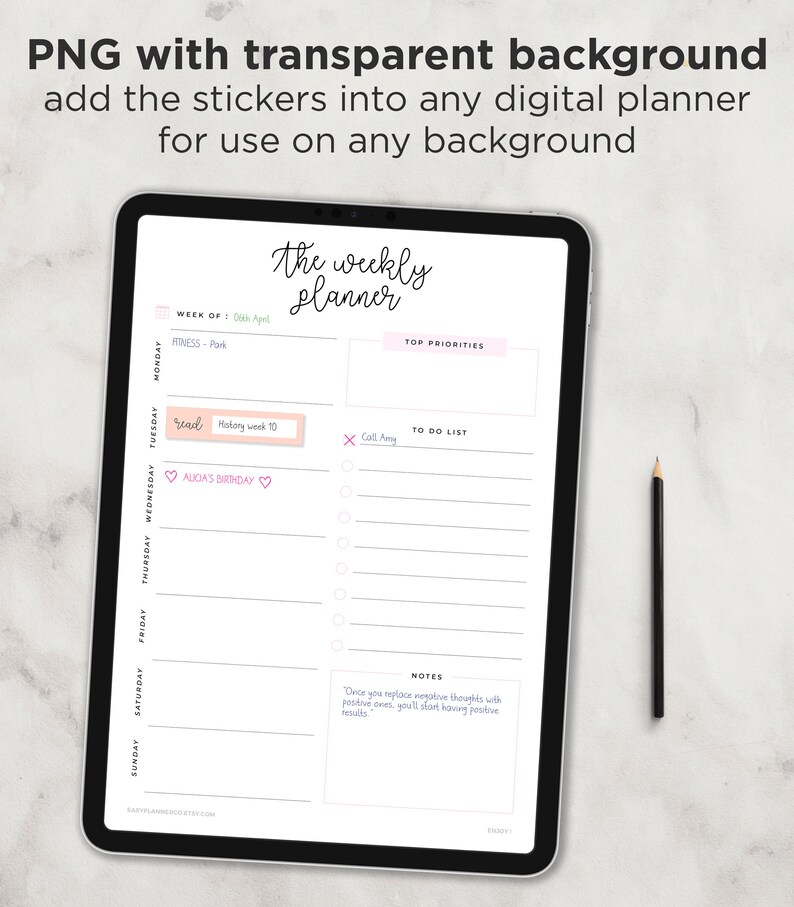 May include: A digital weekly planner on a tablet screen. The planner has a pink and white color scheme and includes sections for "Top Priorities", "To Do List", and "Notes". The planner also includes a section for each day of the week, with space for writing tasks and appointments. The text "the weekly planner" is written in cursive at the top of the screen.