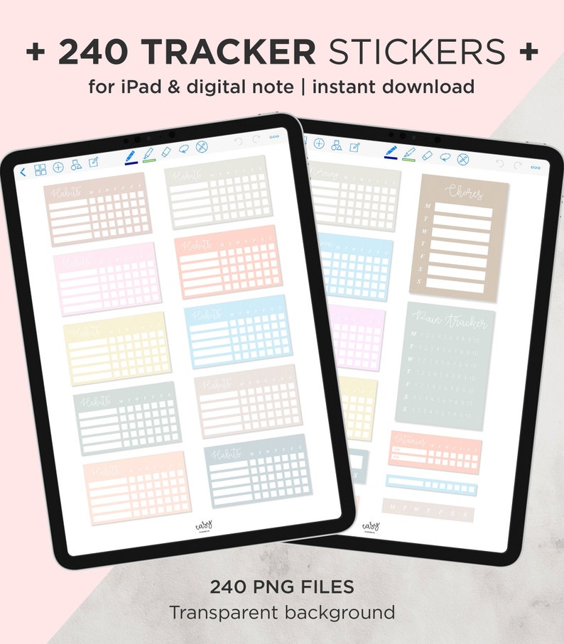 May include: A digital tablet screen displaying 240 tracker stickers for iPad and digital note. The stickers are in various pastel colors and include habit trackers, chore lists, and rain trackers. The text "240 PNG FILES" and "Transparent background" is displayed below the tablet.