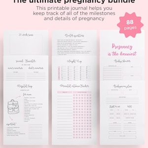 Op de afbeelding: Een printbaar zwangerschapsdagboek met 88 pagina's. Het dagboek bevat secties voor het bijhouden van gewicht, prenatale vitamines, vragen aan de dokter, het plannen van een babyshower en een babymoon-plan. Het dagboek heeft een roze en witte kleurstelling met zwarte tekst.