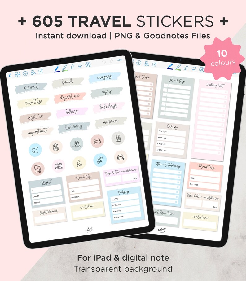 Travel Digital Stickers for Goodnotes Planner, Vacation Goodnotes